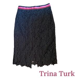 Trina Turk Black Embroidered Skirt with Multi Colored Ribbon Waistband Size 0